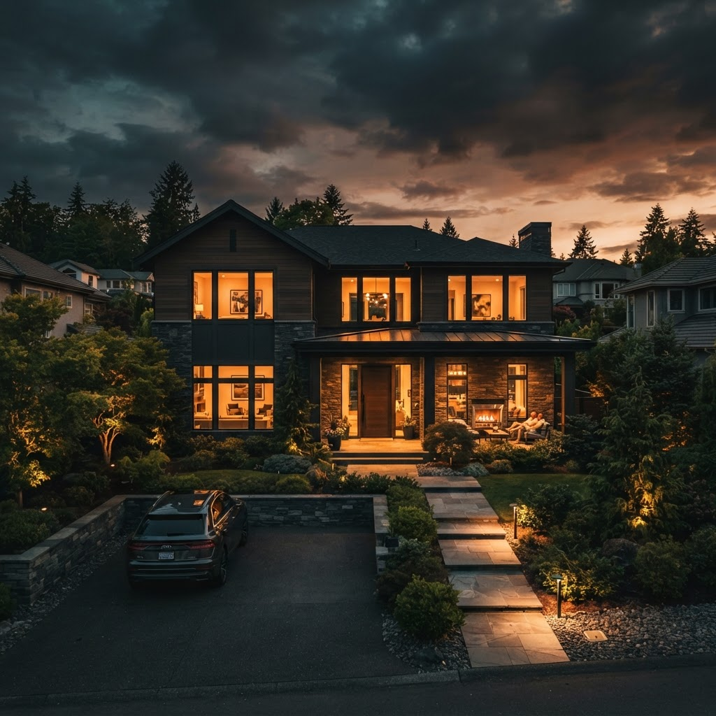 Modern American home at golden hour